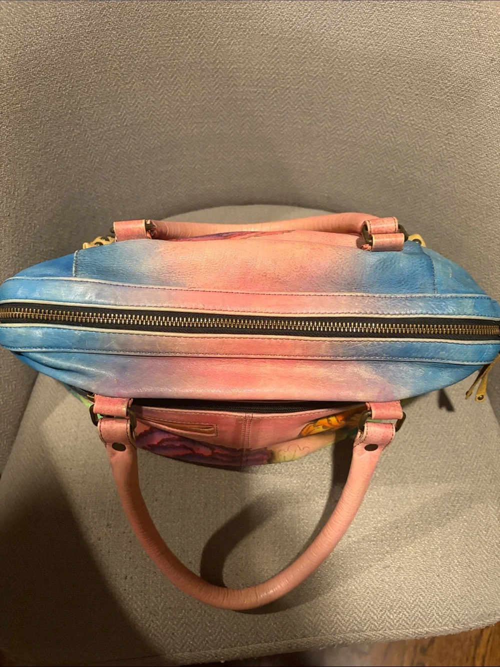 ANUSHKA Floral Leather Satchel Handbag - Pink, Yellow, Blue